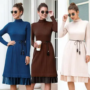 

Daily suit OWLPRINCESS 2020 Women's Autumn Casual Half-Collar Velvet Splicing Dress