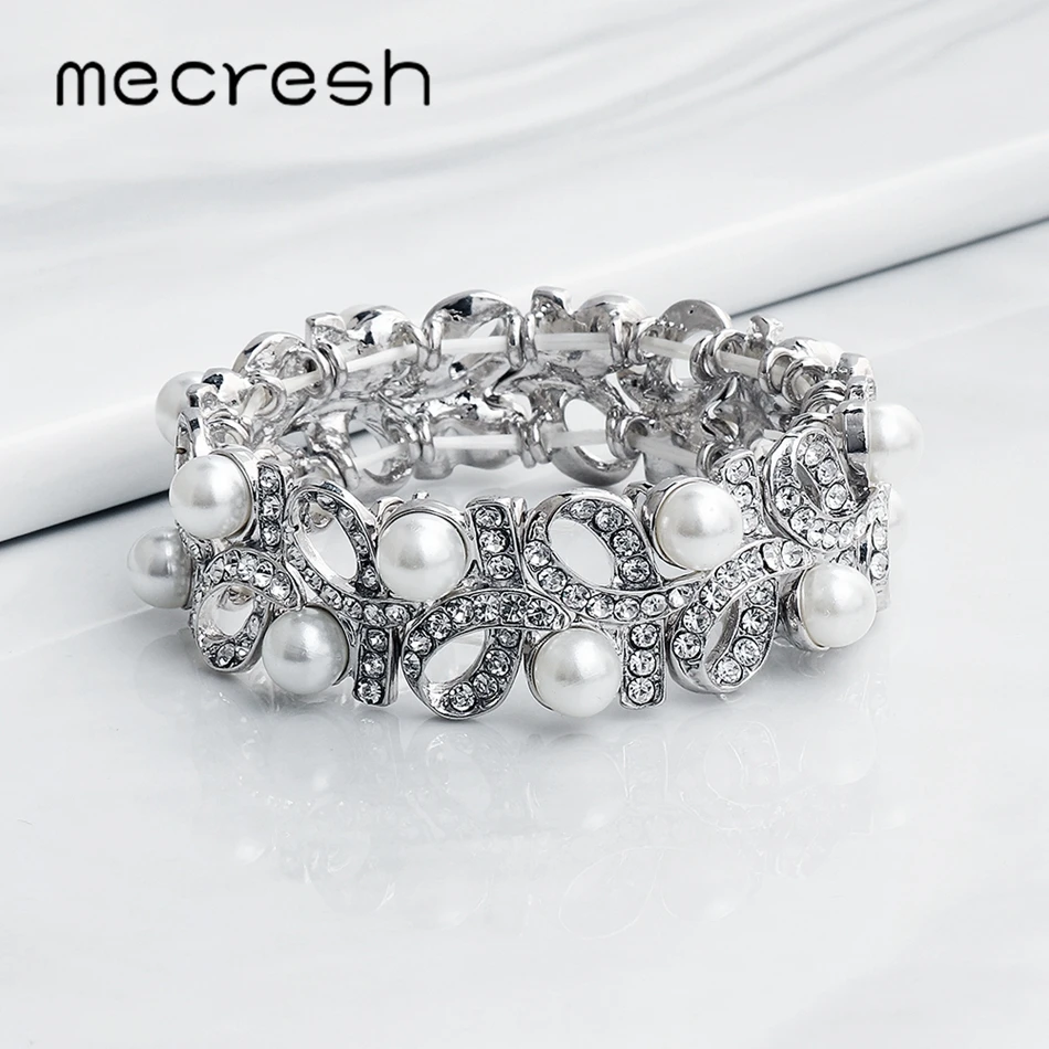 

Mecresh Silver Color Simulated Pearl Bridal Bracelet Bangle Jewelry Cute Crystal Leaf Flexible Wedding Bangles for Women SL428