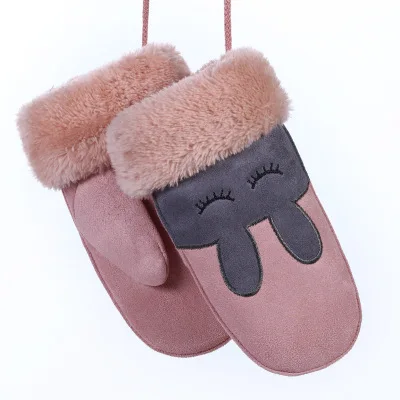 pink Зимние розовые детские перчатки с героями мультфильмов, толстые меховые варежки, кожаные Детские Термо кашемировые перчатки ручной работы, кашемировые теплые длинные перчатки - Цвет: pink