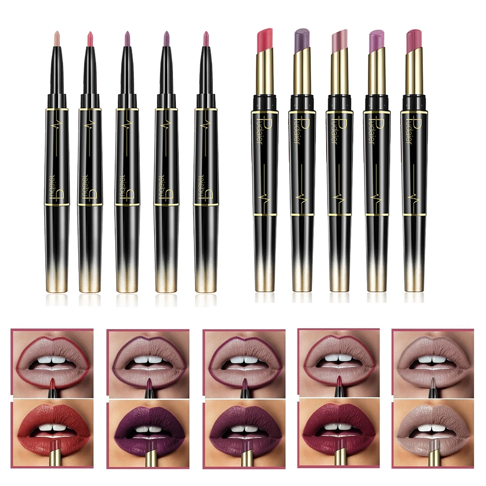 2 In 1 Double Ended Waterproof Pencil Lipstick Pen Matte Lip Liner Long Lasting Makeup Multifunct Lip Pencil Antifouling Lipstic