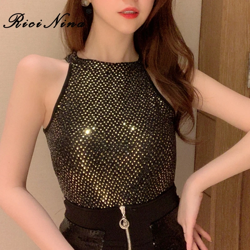 

RICININA Sequin Crop Top O-Neck Sleeveless Sequined Solid Slim Gold Off Shoulder Top Mujer Vest Club Party Sexy Top Women