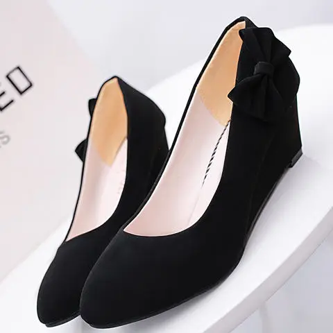 

2019 Spring And Autumn New Style High Heel Shoes Versatile Suede Pointed-Toe Slanted Heel Shoes Female Black Bow Low-Cut Low-top