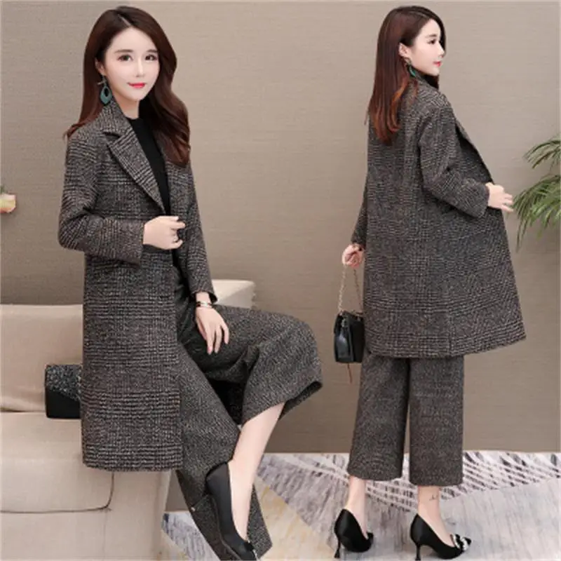 

2019 autumn new fashion suit female woolen coat wide leg pants two-piece women's OL business professional ladies suit winter