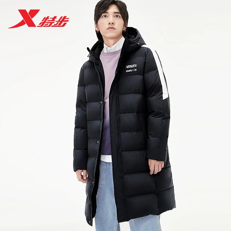 Xtep мужской длинный пуховик, осенняя мужская теплая куртка, толстая ветрозащитная домашняя куртка на утином пуху, 881429199161