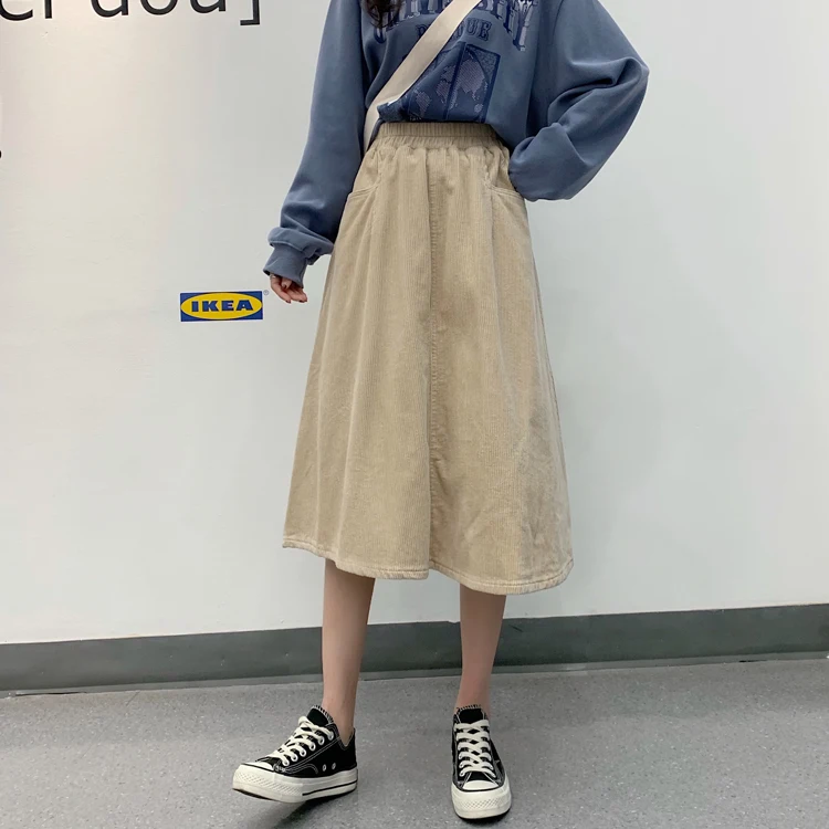 Japanese Mori Girl Autumn Winter Women Midi Skirt High Waist Solid Corduroy Jupe Femme Elegant Vintage Loose Pockets Chic Saias