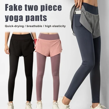 

2-in-1 Women Yoga Leggings Full Length Tummy Control Compression Workout Exercise Running Yoga Pant XRQ88