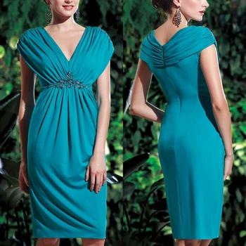 

New 2015 Knee Length Short Beaded Brides Mother Dresses for Weddings Cap Sleeve Green Chiffon Short Mother of the Bride Dresses