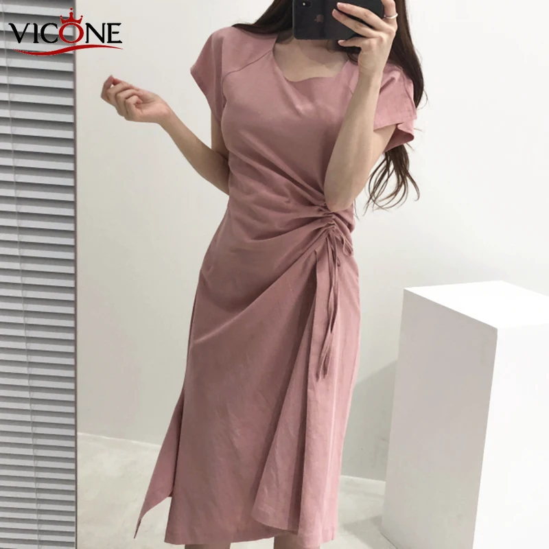 

VICONE Korean Chic Elegant Style round Neck Side Drawstring Careful Machine Slim Waist Hugging Mid-Length Short-Sleeve Dress