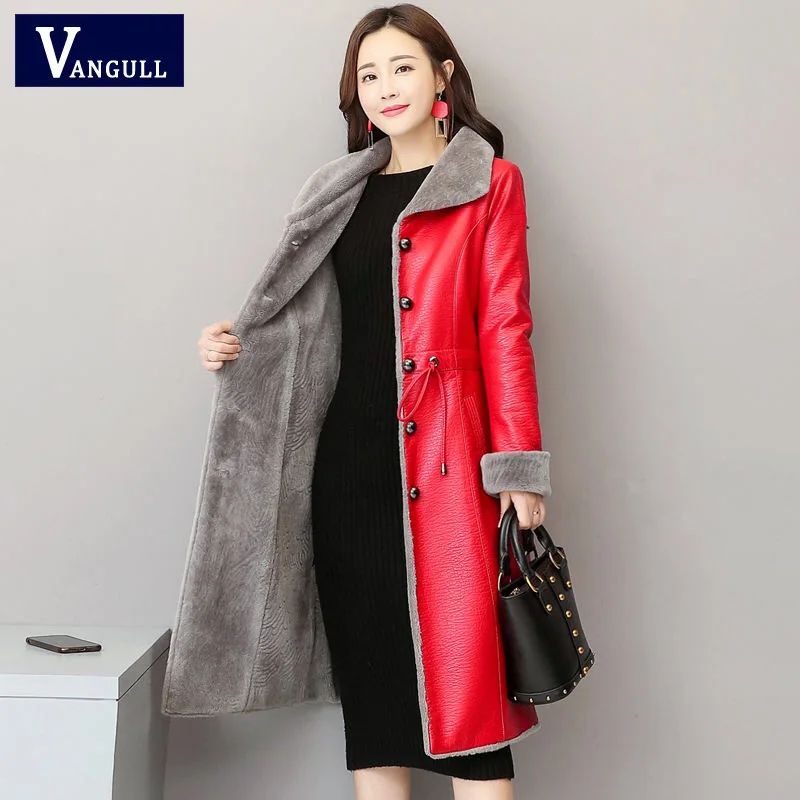 Vangull 5XL, элегантная кожаная куртка, женская, плюшевая, Вельветовая, длинная, новинка, тонкий, меховой воротник, кожаные пальто, черная одежда, женские пальто, верхняя одежда