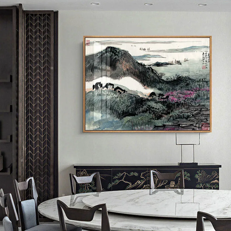 

Wall Art Canvas Traditonal Chinese Style Mountain and River Painting Hall for Office Home Living Room Decor Poster Print Picture