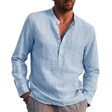 Camisas de linho com decote em v masculina cor sólida manga longa casual algodão linho camiseta topos casual gola mandarim magro camisa
