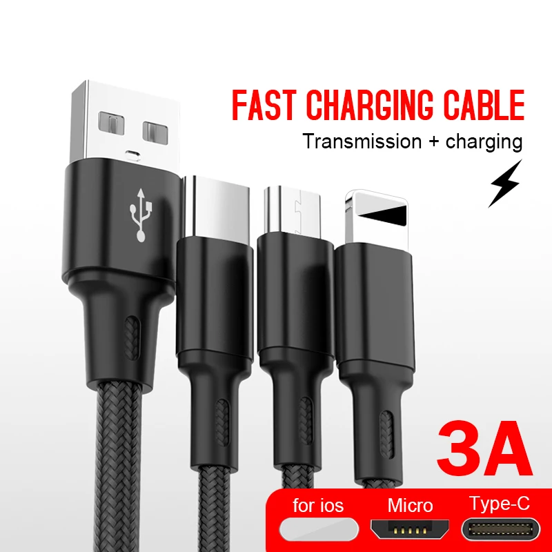USB кабель для быстрой зарядки и передачи данных кабель E3 в 1 для ios 1 м USB кабель для зарядки и передачи данных type-C Micro USB Мобильный телефон 3A Android супер зарядное устройство