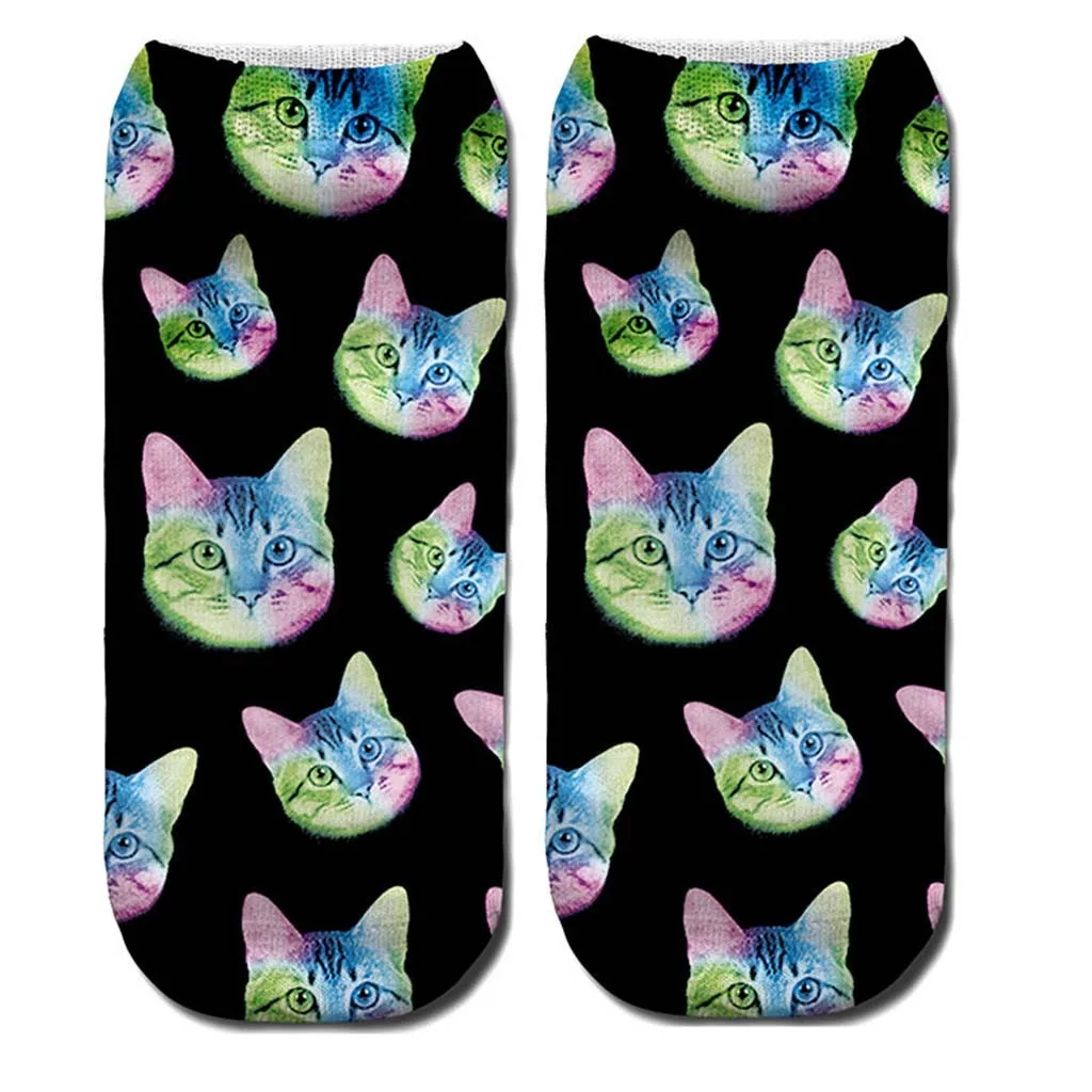 JAYCOSIN, 5 пар, забавные короткие носки с 3D принтом сумасшедшего кота, женские короткие носки, модные носки с забавными рисунками из мультфильмов, 1 пара Хлопковых Носков