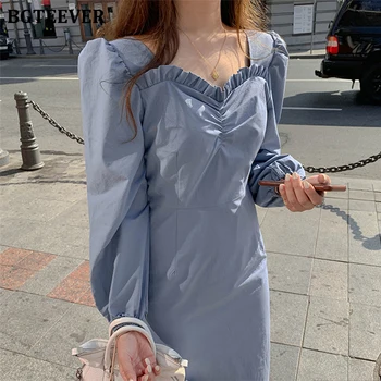 

BGTEEVER Vintage Square-neck Midi Dress Women 2019 Autumn Puff Sleeve Slim Waist Female Dress Elegant Ruffles Party Vestidos