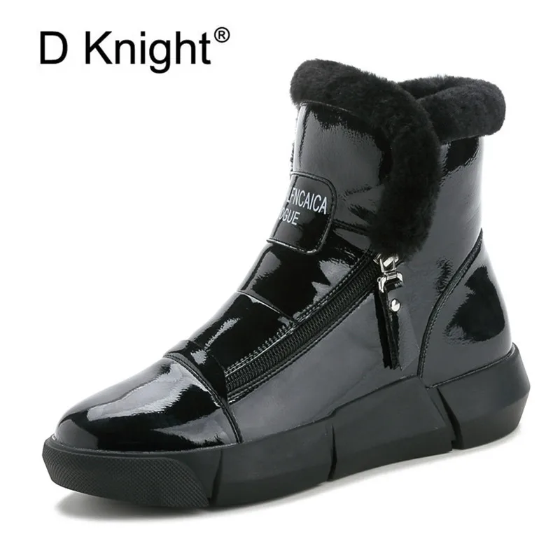 

Plus Size Winter Warm Ankle Snow Boots Lace Up Fur Flats Boots Patent Leather Wool Platform Casual Women Shoes White Black Boots
