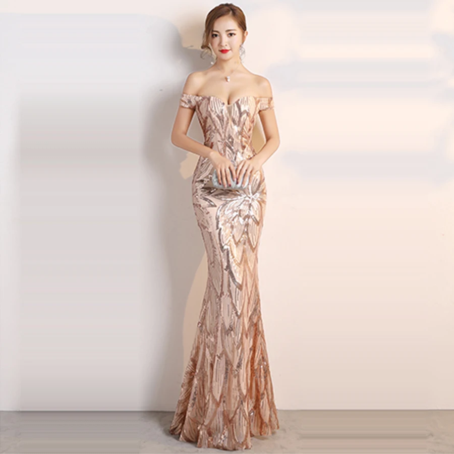

Evening Dresses Off The Shoulder Women Party Dresses Floor Length Robe De Soiree 2019 Short Sleeve Sequin Formal Gowns F241-2