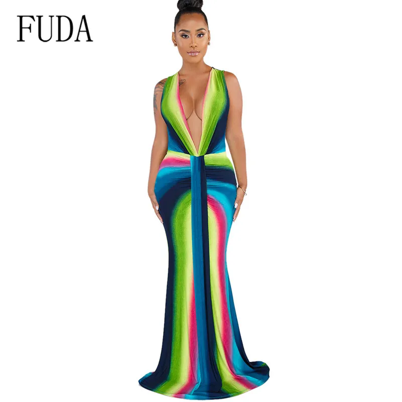 

FUDA Vintage Floor-length Maxi Dress Sexy Deep V-neck Sleeveless Fashion Long Dress Summer Hollow Out Party Bandage Vestidos