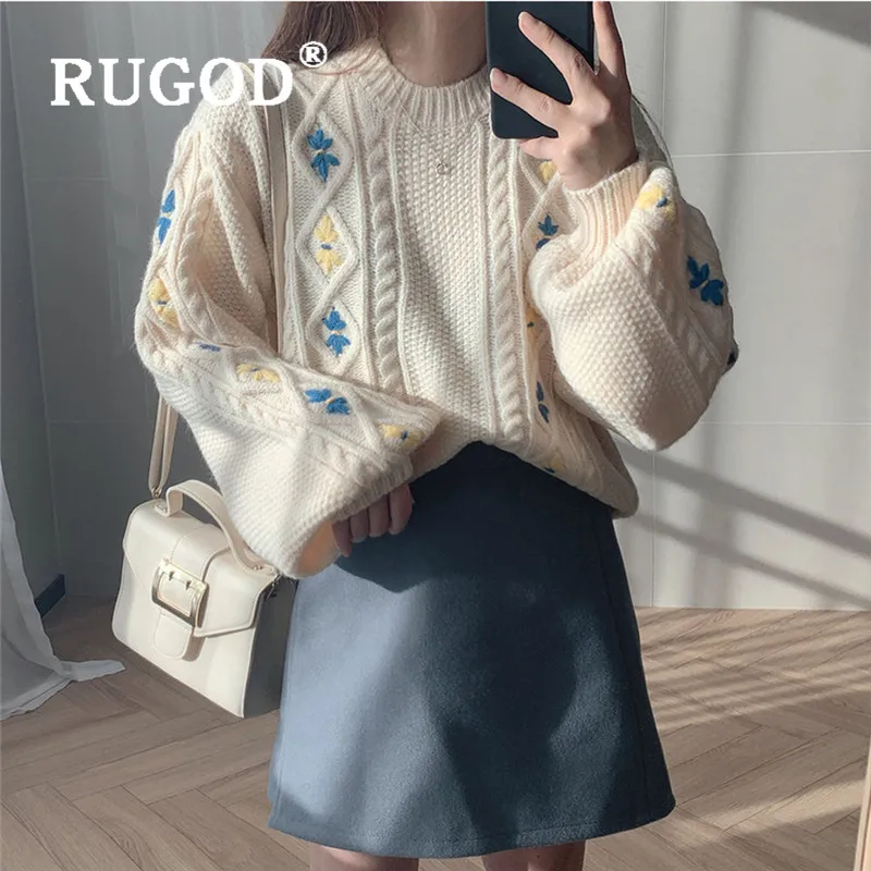 RUGOD, корейский Шикарный свитер, пуловеры для женщин, круглый вырез, Цветочная вышивка, мягкая туника, рукав-фонарик, вязаный свитер, Осенний теплый