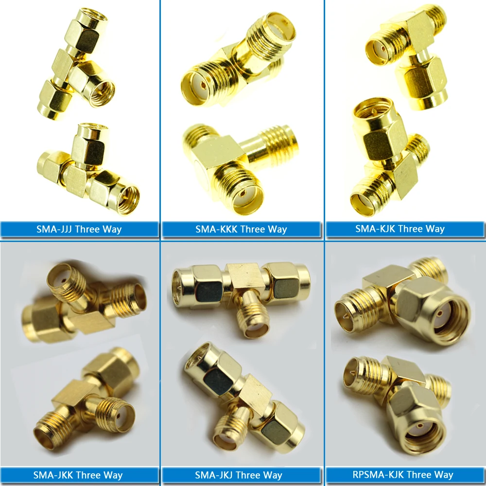 SMA 3 Way Splitter Connector Socket T-Type SMA Male Femae To 2 Dual SMA Male Female Gold Brass Coaxial RF Adapter Connector afbeelding