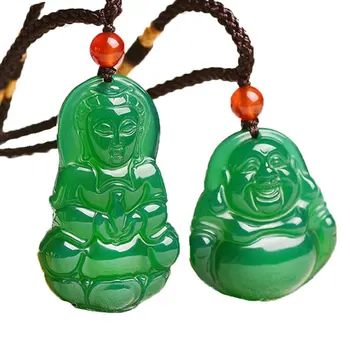 

Men Guanyin Buddha Necklace Pendant Green Chalcedony Agate Maitreya Pendant Free Rope Gift for Women Fine Jade Jewelry