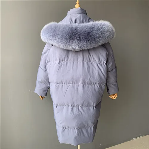 Blue match fox fur MAOMAOFUR, пуховик на белом утином пуху, Зимняя женская парка с воротником из натурального меха, Дамское плотное теплое пуховое пальто, цветная куртка оверсайз - Цвет: Blue match fox fur