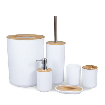 

Set of 6 Plastic Bathroom Accessories Set With Bamboo Toothbrush Holder Toothpaste Dispenser Case Soap Box Toilet Shower Storage