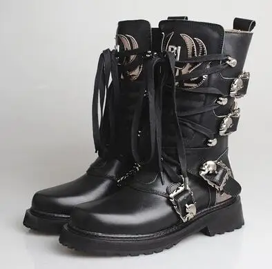 black leather in Prova Perfetto/рыцарские сапоги в ретро-стиле; женские белые сапоги до середины икры из коровьей кожи на толстой подошве; короткие женские сапоги на шнуровке с пряжкой и ремешком - Цвет: black leather in