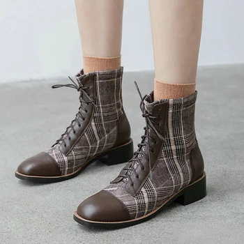 

EshtonShero Square Med Heels Motorcycle Boots Women Shoes Ankle Boots For Winter Shoes Woman Casual Autumn Cow Suede Size 3-8