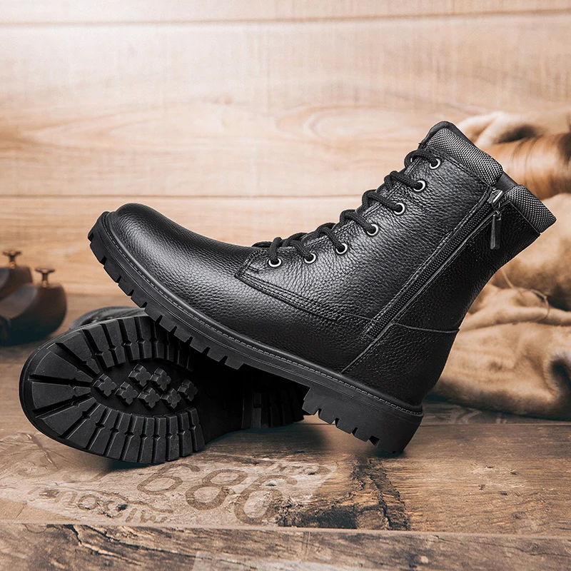 Men's Motorcycle Boots Martin boots black Autumn And Winter High Boots Fashion Boots High Round Toe lace-Up With Zipper Boots