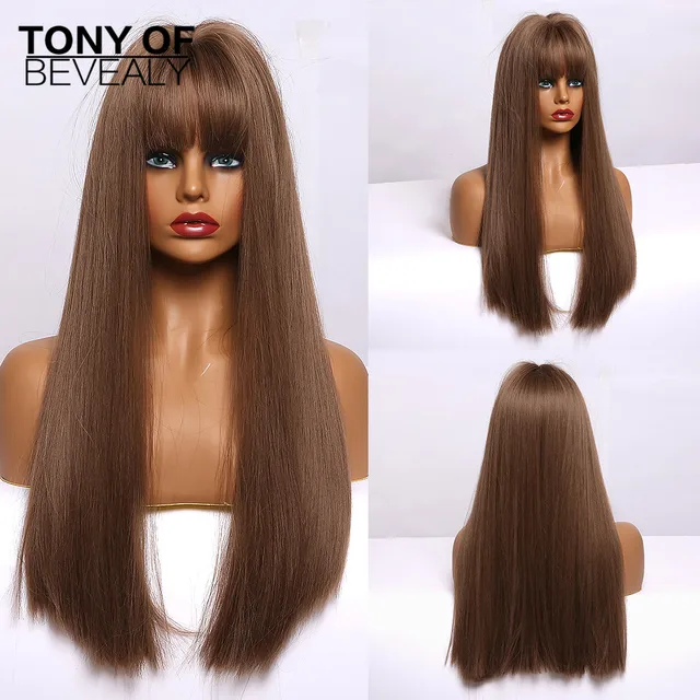 Long Straight Brown Ombre Natural Hair Wigs Middle Part Heat Resistant Synthetic Wigs for Afro Women Daily Cosplay Fashion Wigs lc308-1