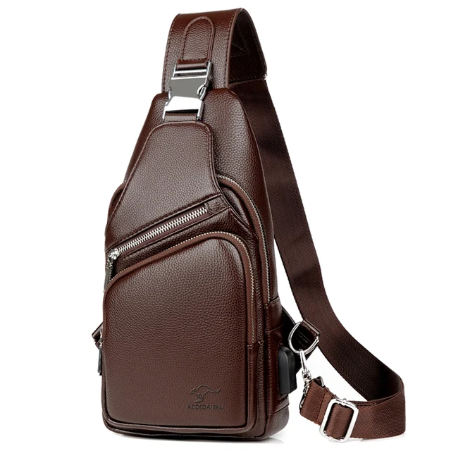 2021 Jackkevin Fashion Mens Shoulder Bag Burglarproof Black Leather Mens Chest Bag USB Charging Crossbody Bags Travel Bag Brown
