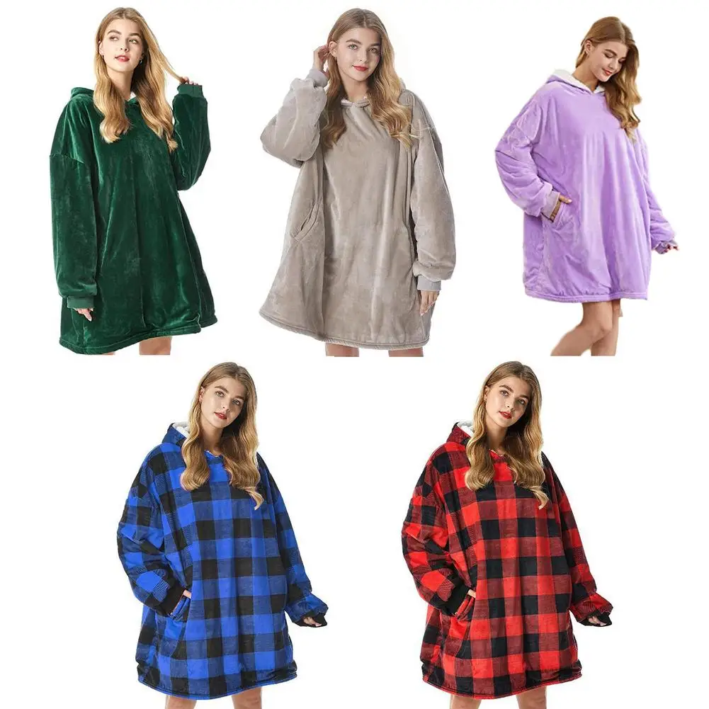 

Warm Thick TV Hooded Blanket Winter Loose Spacious Coat Pocket Grid Fleece Blankets With Long Sleeve For Home Beds Travel