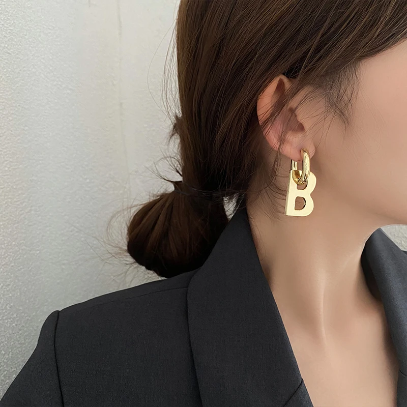 European And American Exaggerated Metal B Letter Pendant Earrings Fashion Korean Jewelry Retro Party Girl's Unusual Earrings dangle earrings,pendant earrings
