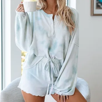 

Women's Home Wear Two-Piece Set New Tie-Dye Print Long Sleeve Pajama Set