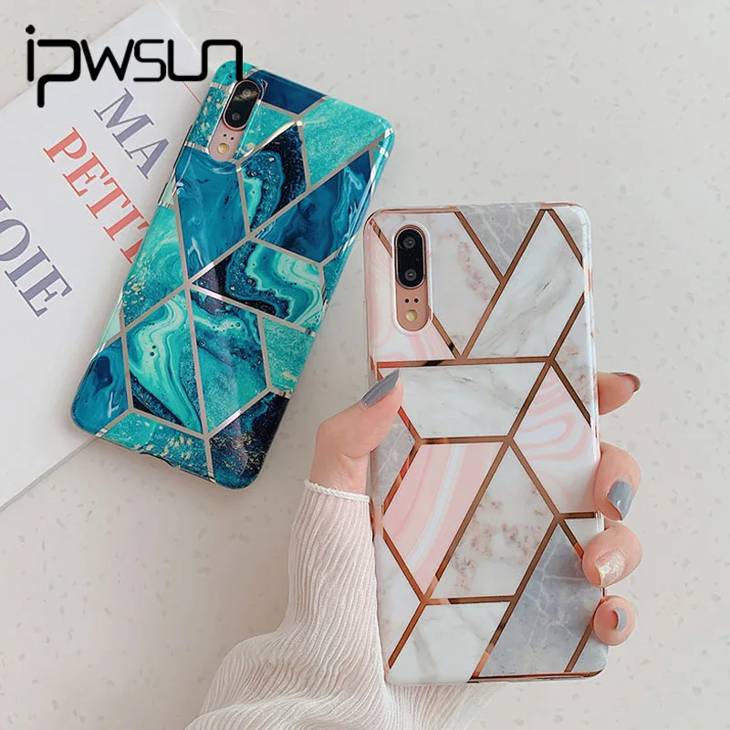 

iPWSOO Electroplate Geometric Marble Texture Case For Huawei P30 Pro P20 Lite Mate 20 Pro Lite IMD Silicon Phone Case Back Cover