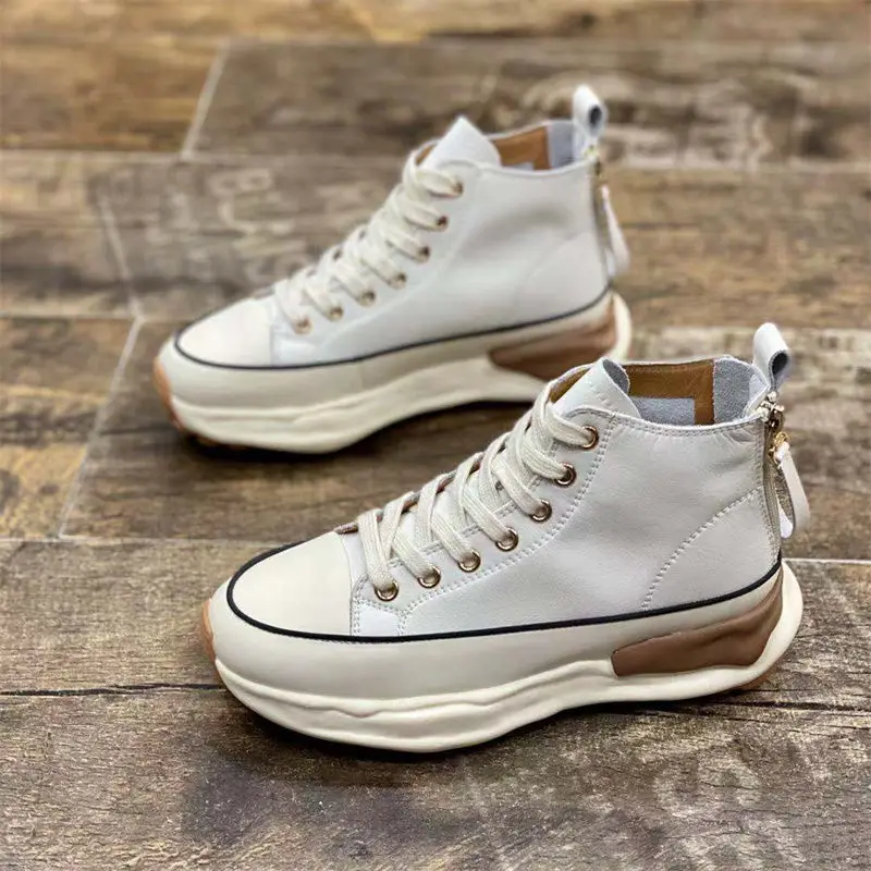 Genuine Leather High-Top Women's Shoes Ins Trendy 2021 Autumn New Fashion Back Zipper Versatile Thick Bottom Casuals White Shoes short winter boots Boots