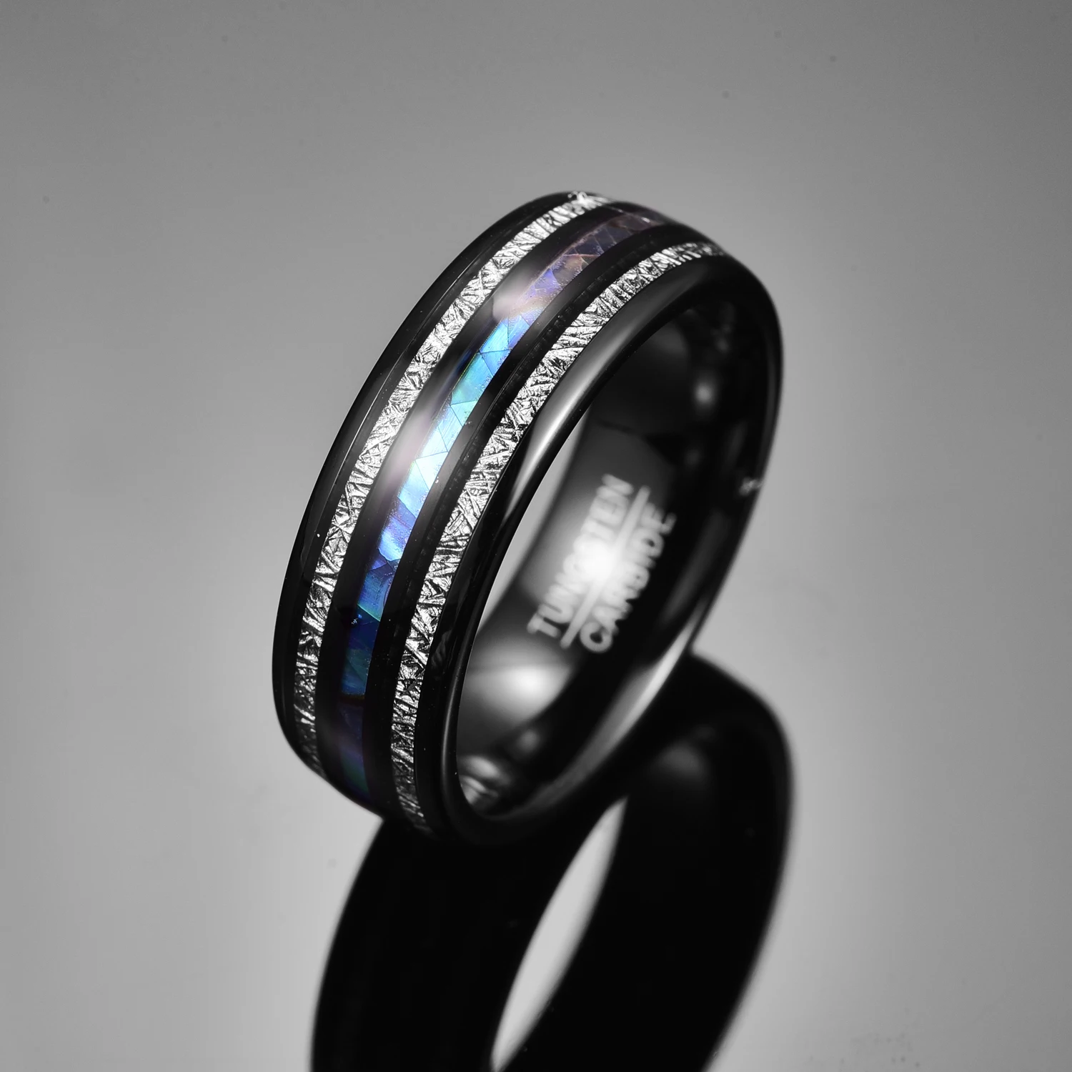 8mm Electric Black Inlaid Meteorite Abalone Shell Dome Tungsten Carbide Ring Men's Fashion Wedding Jewelry Best Gift 3