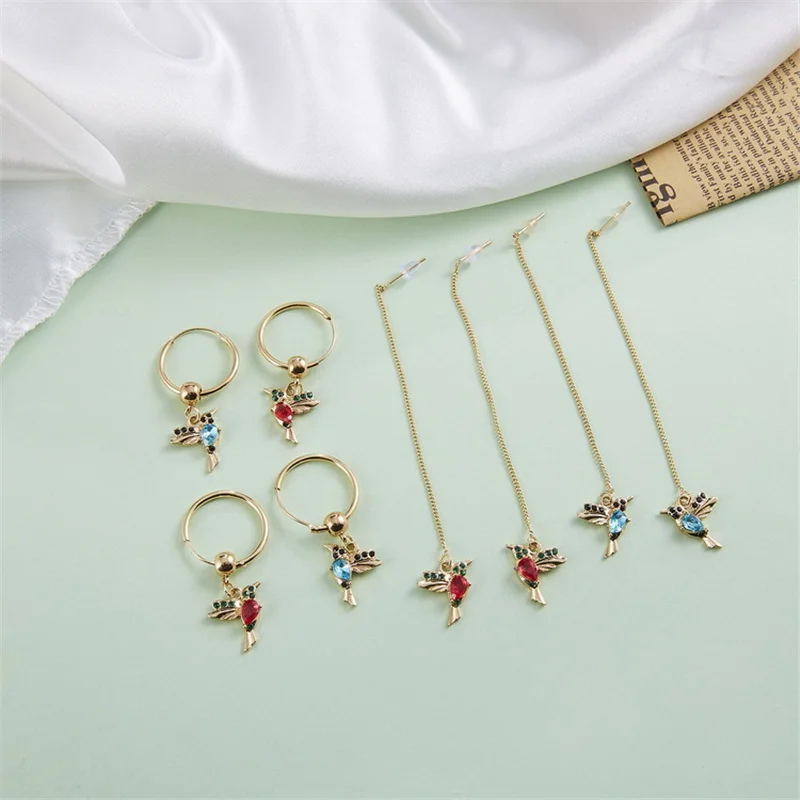 Exquisite Bird-shaped Hummingbird Hoop Pendant Crystal Pendant Earrings Tassel Bird Earrings for Women's Wedding Jewelry - Image 4