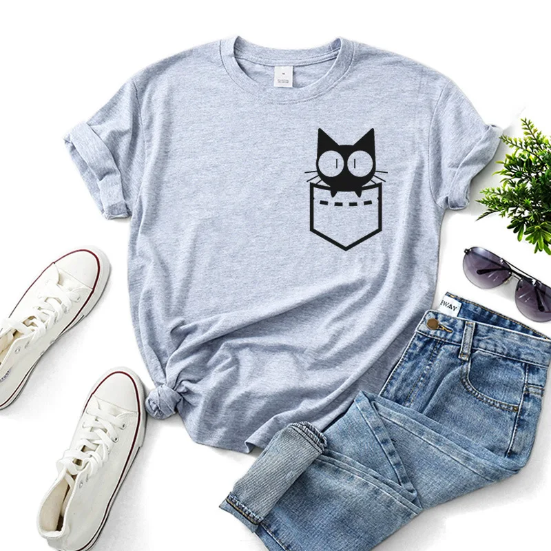 Забавная черная футболка с карманом и принтом кошки Женская свободная коротким