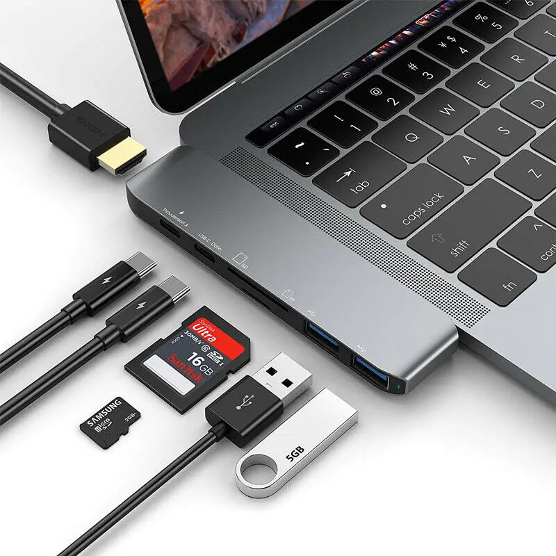 

7in1 USB-C Hub Dual Type-C Multiport Card Reader Adapter 4K HDMI For MacBook Pro