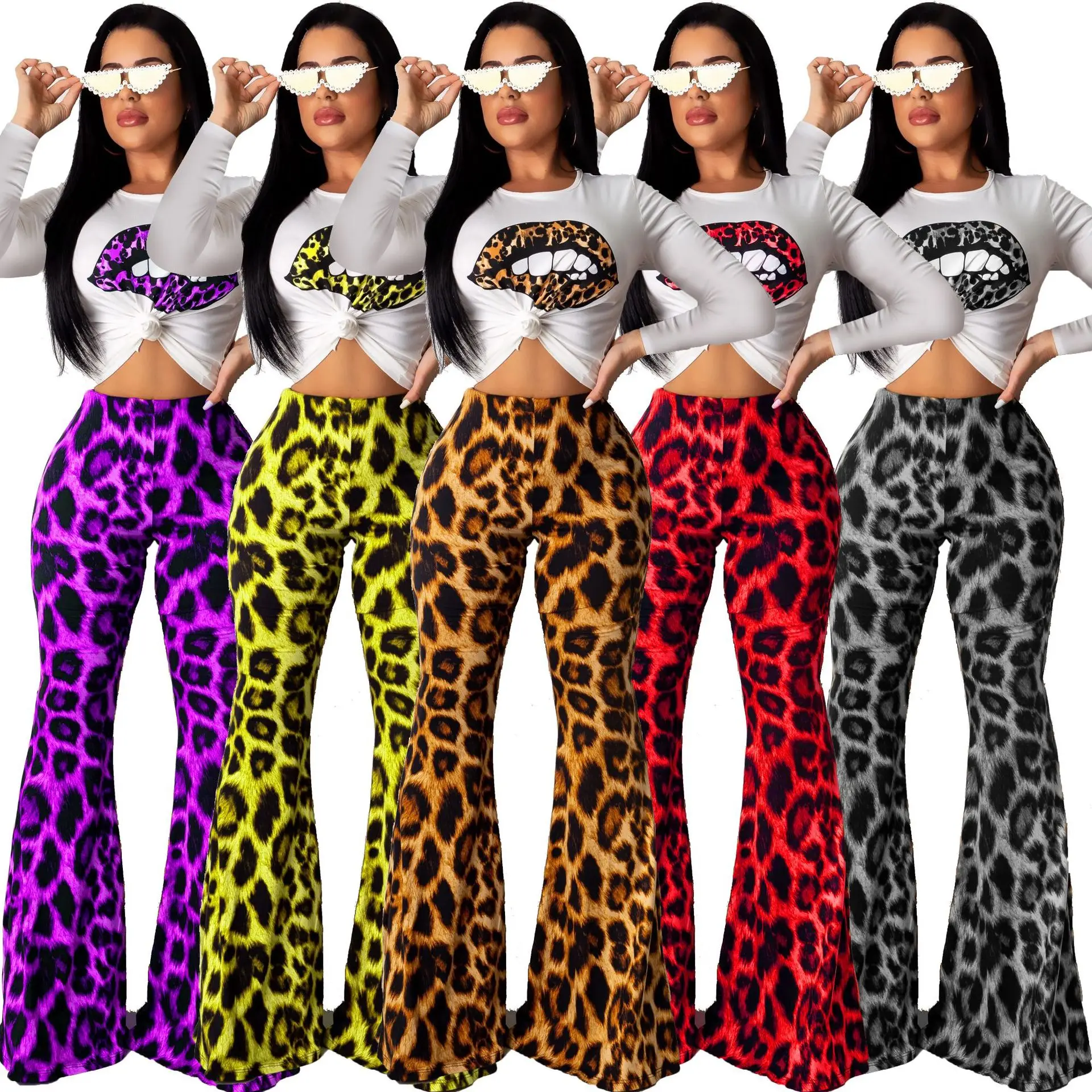 

Woman Leopard Print 2 Pieces Sets Outfits Sexy Long Sleeve Top and Flare Pants Set Evening Party Matching Sets Summer Clothes