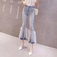Эластичные женские джинсовые расклешенные брюки жемчуг алмаз с разрезом и высокой талией эластичные большого размера джинсы женские дял похудания обтягивающие длинные брюки корейский