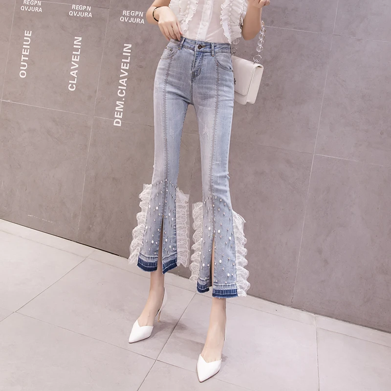 

Stretchy Women Jeans Flare Pants Pearls Diamond Split High Waist Elastic Plus Size Jeans Woman Slim Skinny Long Trousers Korean