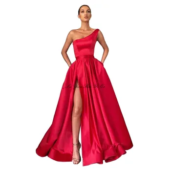 

Red Elegant Long Prom Dresses 2020 One-Shoulder Side Split Prom Gowns Satin A-line Evening Party Dresses With Pockets