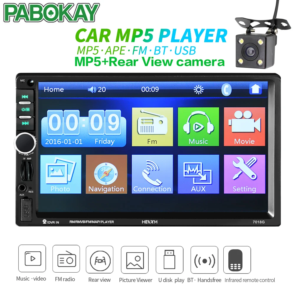 

For Car Rear Night Backup Reverse camera + 2 din Multimedia Player 7'' Bluetooth Stereo FM Radio Video Audio MP3 MP5 USB AUX