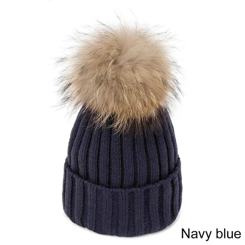 Navy blue Зимняя женская шапка, меховая шапка с помпонами, теплая шапка для женщин, шапка для девушек, вязанная шапка бини, шапка, толстая шапка для женщин Skullies Beanies - Цвет: Navy blue