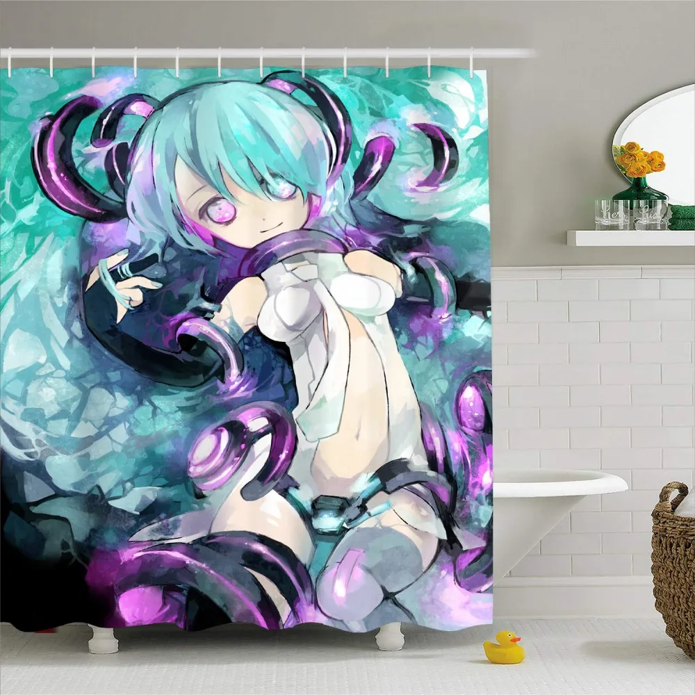 Реалистичные Janpanese аниме Hatsune Miku девушка Ванная Комната Занавески для ванной водонепроницаемый дизайнерская полиэфирная ткань занавески для душа с крючками