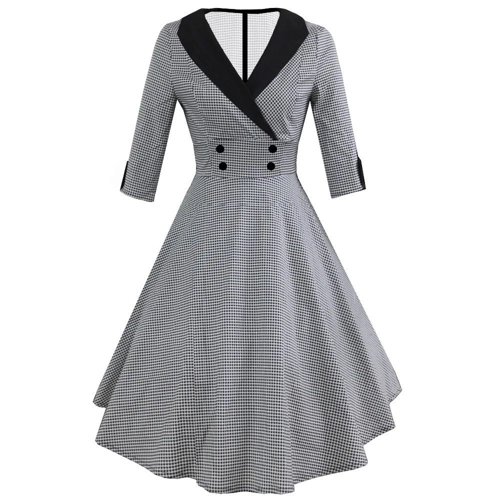 Autumn Womens 3/4 Sleeve Houndstooth Dress Ladies Female Elegant Dresses Woman Party Night Office Work Vintage Swing Plaid Dress - Цвет: Houndstooth Dress