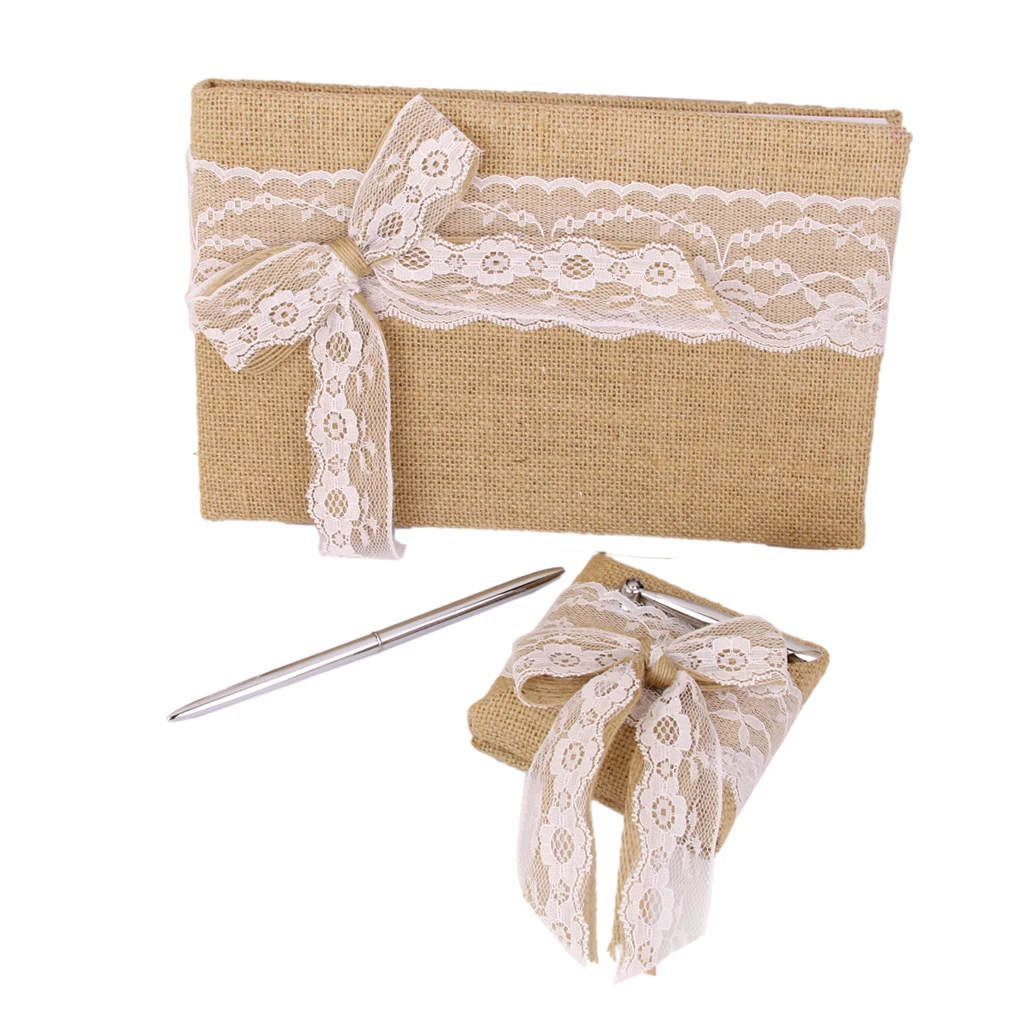 Rustic Chic Burlap Hessian Jute Wedding Guest Book & Pen Set W.Lace Bowknot