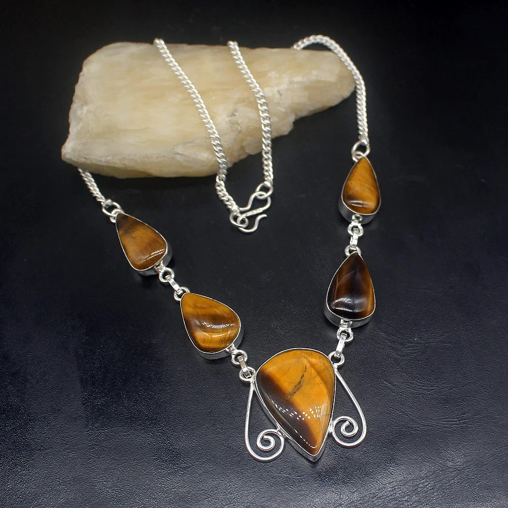 Gemstonefactory Jewelry Big Promotion 925 Silver Fantasy Gold Tigers Eye Unique Ladies Women Chain Necklace 46cm 202101681